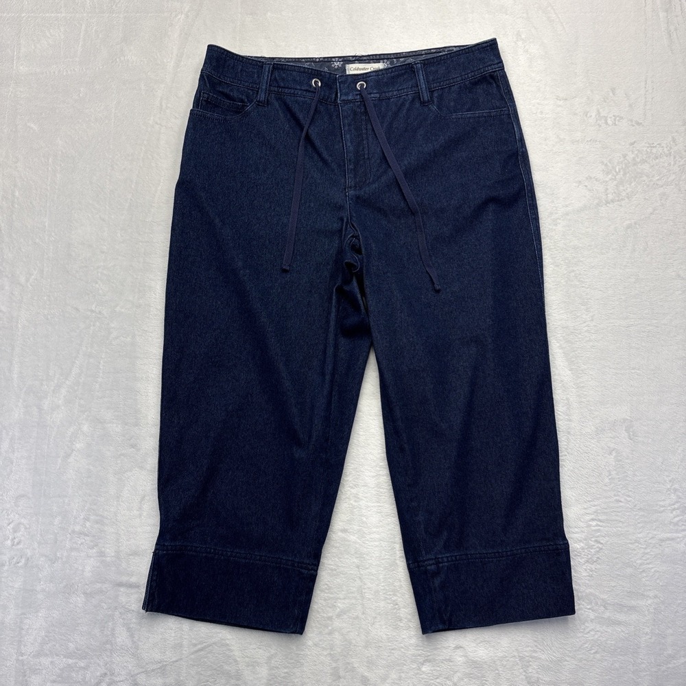 Coldwater Creek Y2K Denim Capri Womens P12 Dark Indigo Drawstring Cuffed Boho